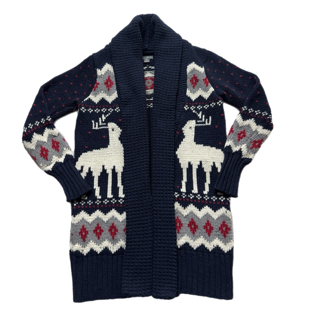 Eddie Bauer Navy Blue Fair Isle Deer Shawl Collar Chunky Knit Cardigan Sweater S